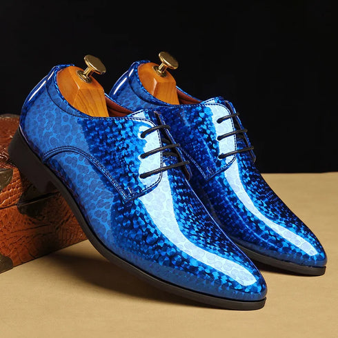 Elegant Patent Leather Derby Shoes for Men – Formal Wedding and Business Office Footwear with Pointed Toe Design, Available in Size 48